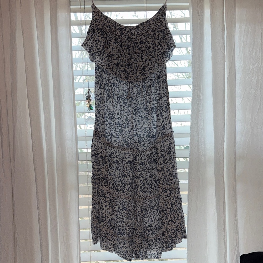 Navy Floral Off-Shoulder Tiered Midi Dress